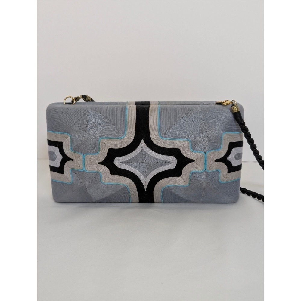 Beatriz Cheska Cross Clutch Embroidery Evening Bag Grey Black Geometric Handmade